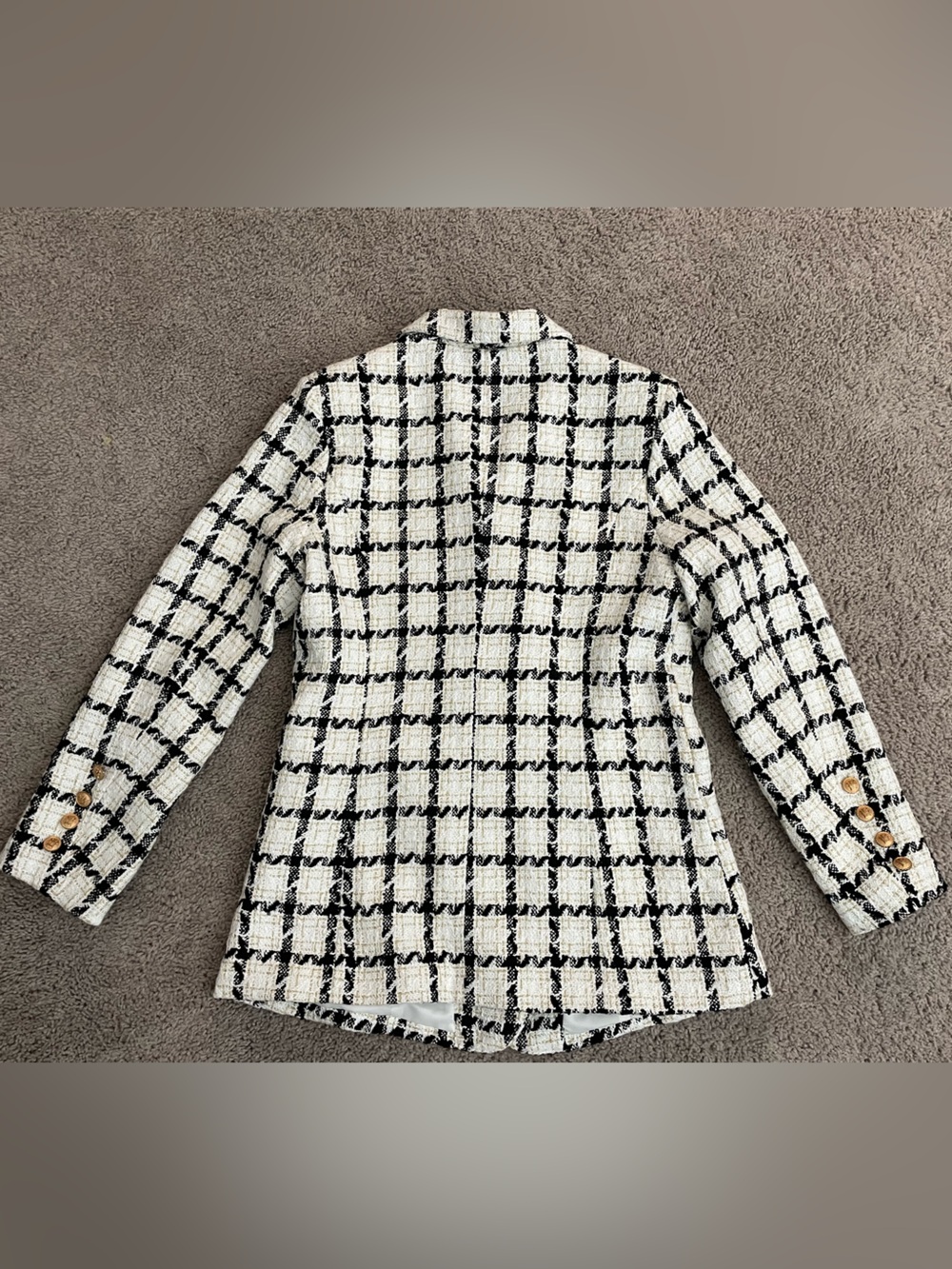 NWT PLM Nordstrom Rack Ivory Black Plaid Tweed Blazer Gold Buttons - Picture 4 of 6